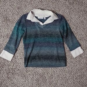 Blue Striped Layered Collared 3/4 Cuffed Sleeve Sweater